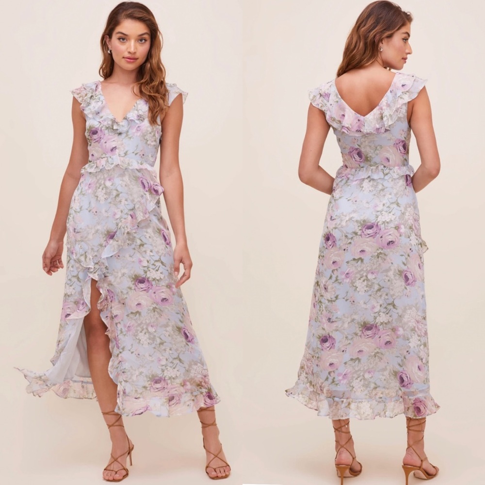 NWOT ASTR the Label Tempest Floral Ruffle Midi Dress in Ivory-Lilac Floral, XS